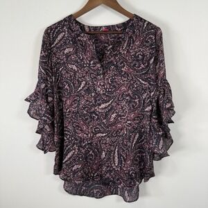 Vince Camuto Women's Shirt Satin Sheer Shirt Purple Paisley Ruffle Sleeve Size M